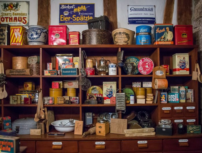 Shelves full of collectible antiques.
