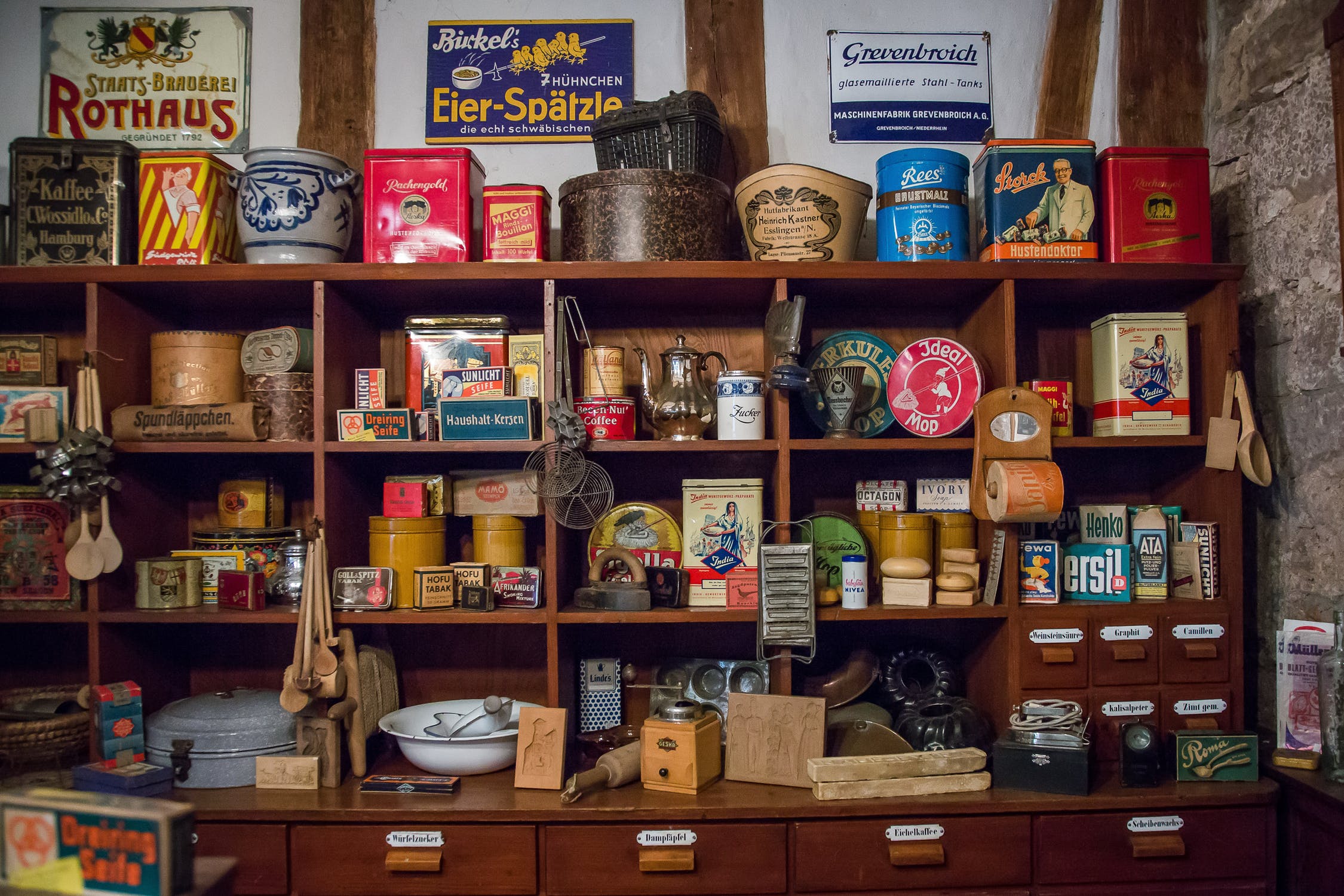 Shelves full of collectible antiques.