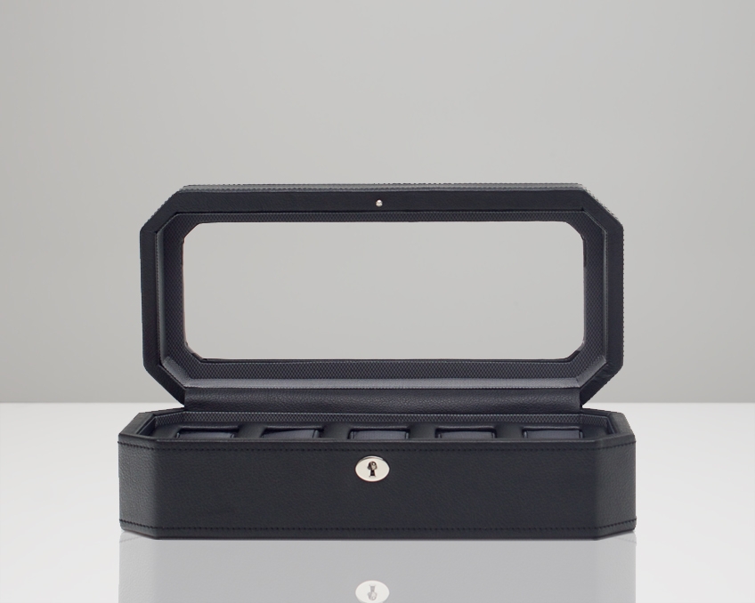 Black watch storage box with mirror.