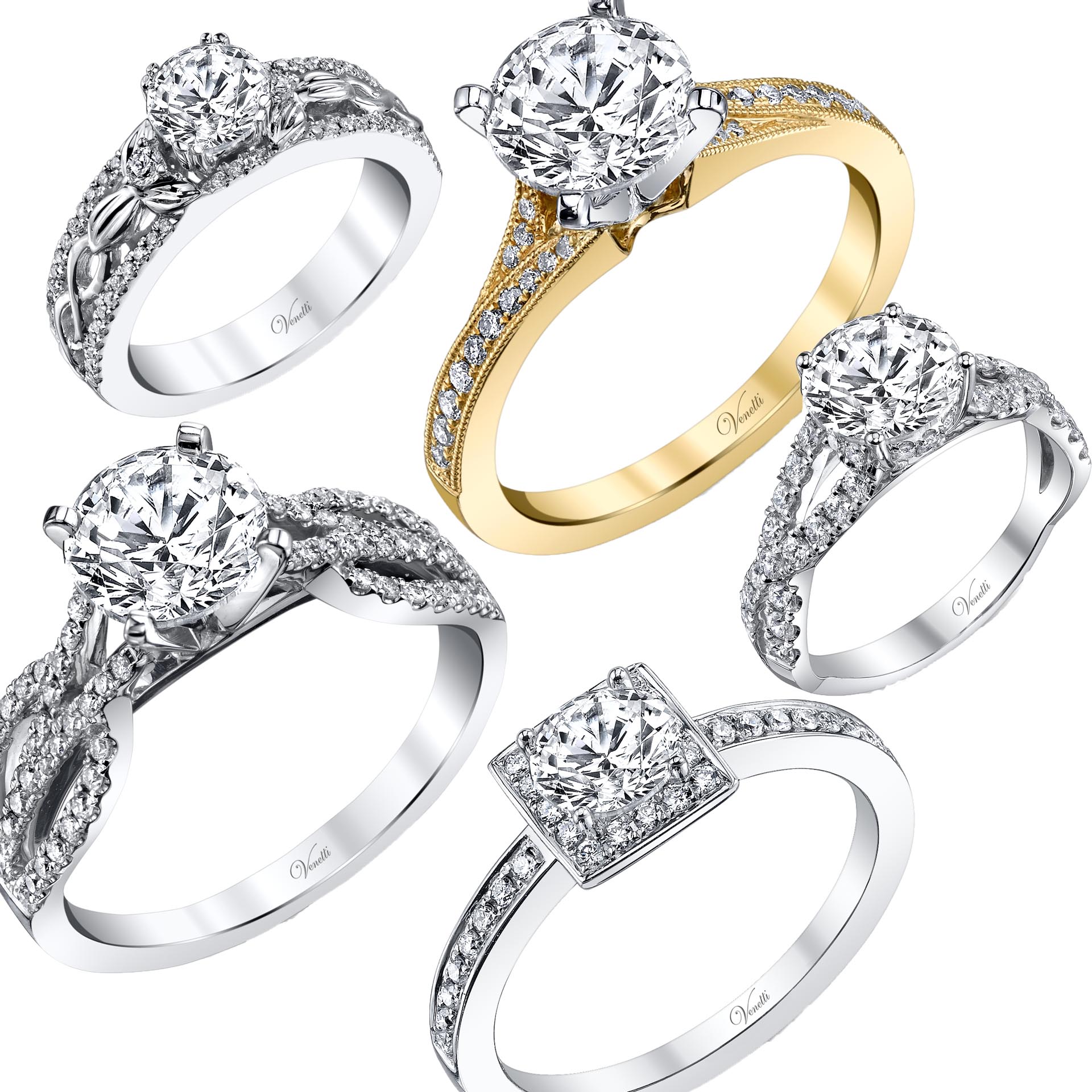 Five new Venetti engagement rings in yellow gold and white gold all centered with diamonds and with diamonds in the bands.