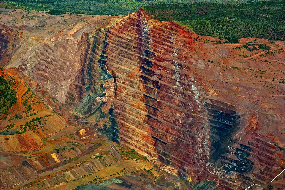 Aerial view of an open pit diamond mine.