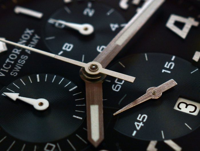 Close-up of new Victorinox Swiss Army watch dial.