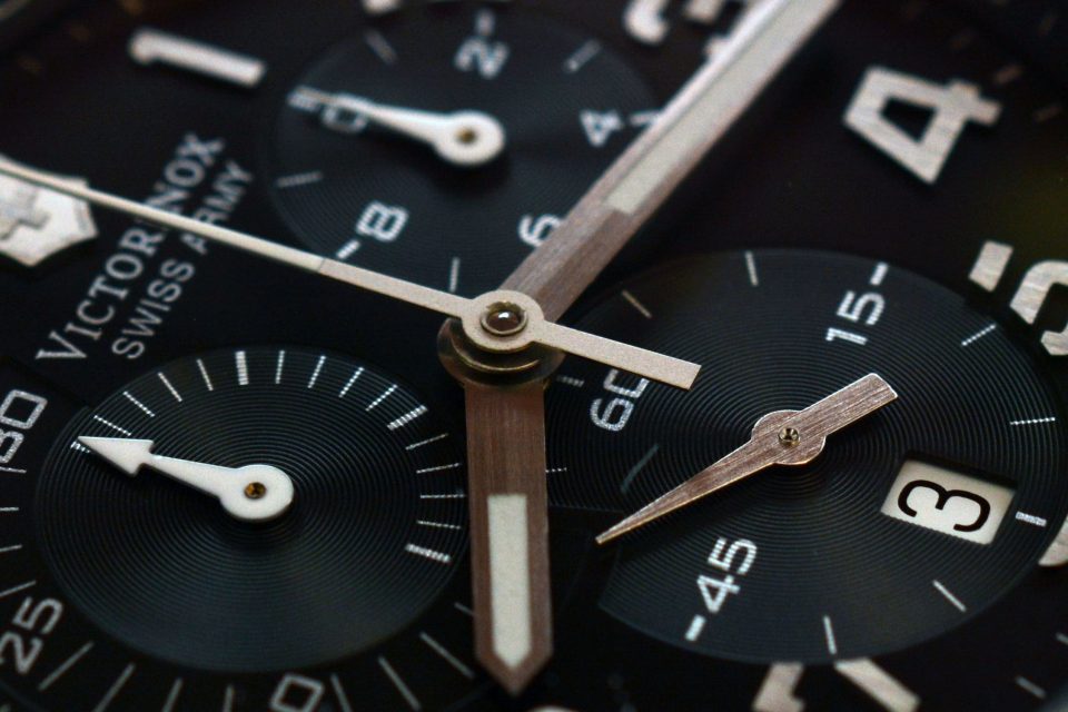 Close-up of new Victorinox Swiss Army watch dial.