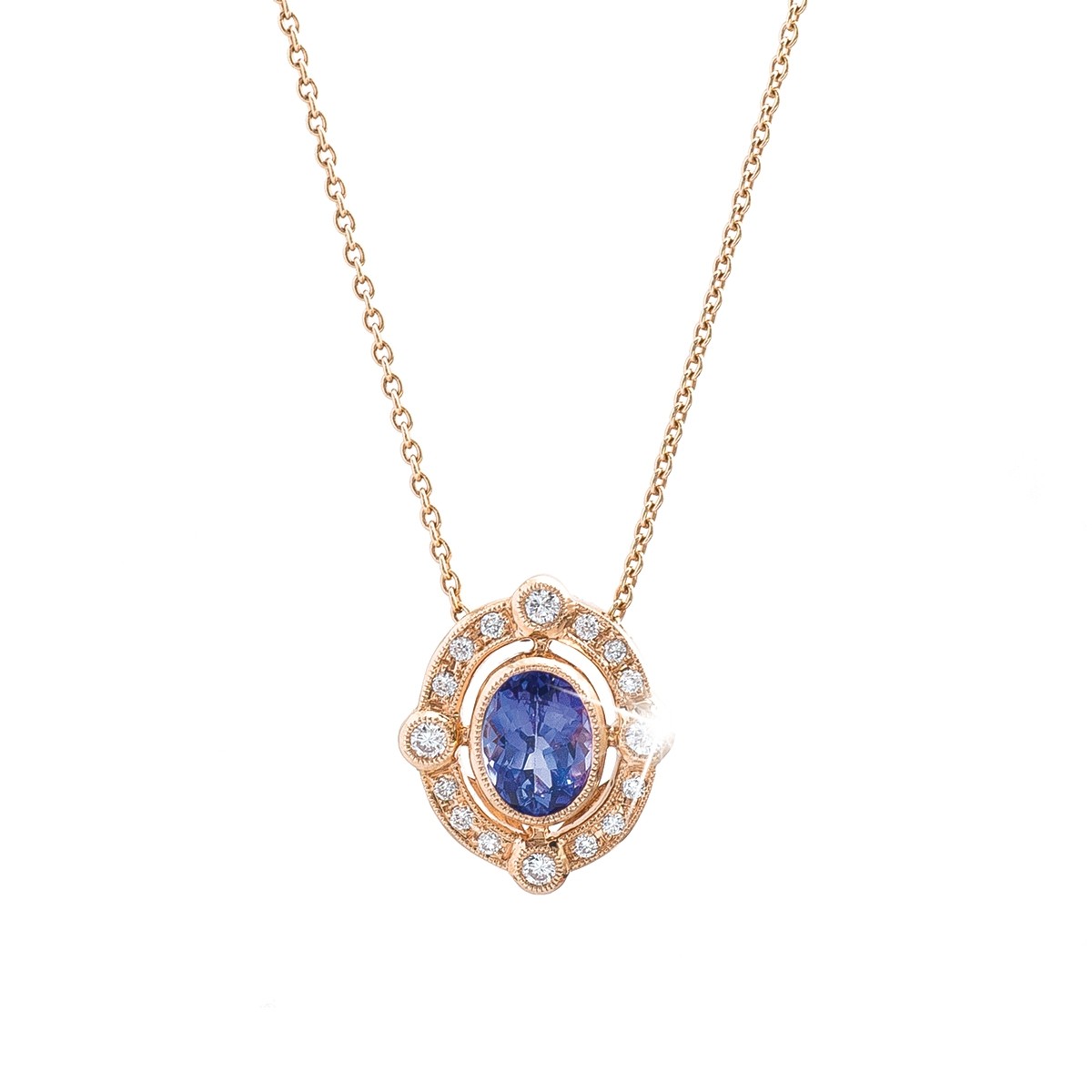 Vintage yellow gold Beverley K necklace set with a blue gemstone surrounded by diamonds and pearls.