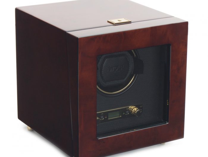 Wolf Designs watch winder in mahogany wood grain.