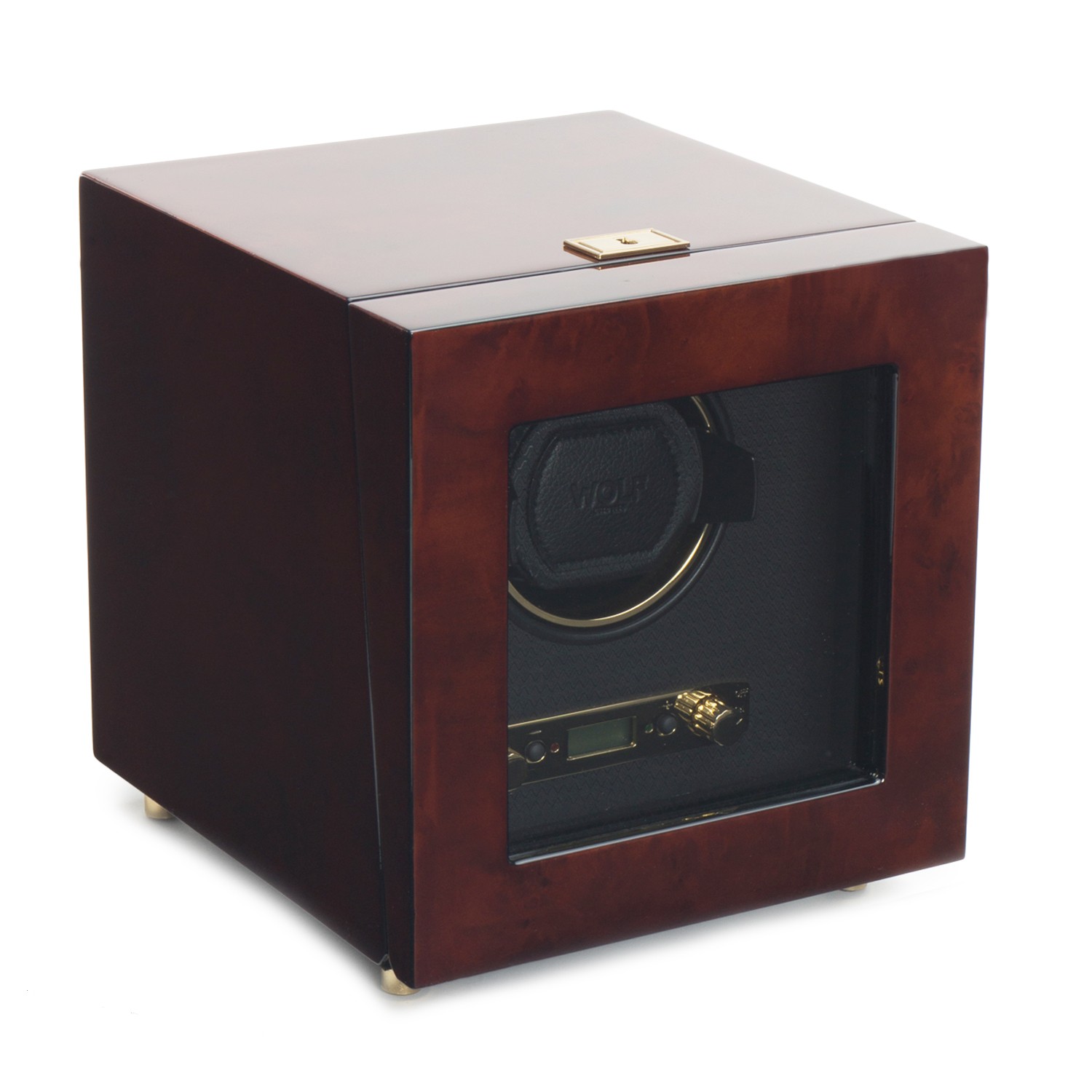 Wolf Designs watch winder in mahogany wood grain.