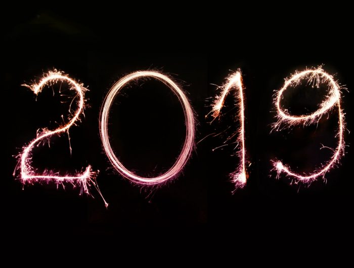 Black background with neon text “2019”.