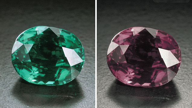 Two images of oval cut alexandrite showing the gemstone in both its green and purple natural colors.