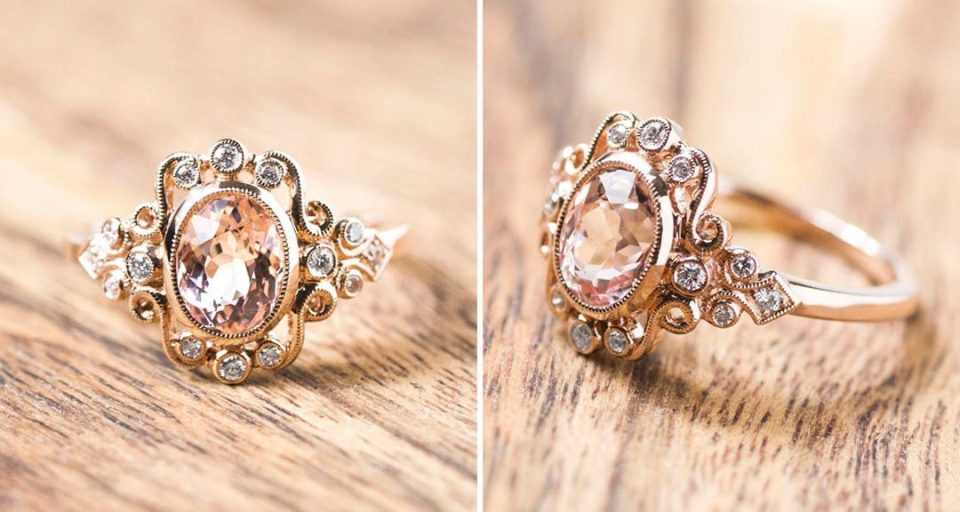 Group of two images of a rose gold engagement ring centered with morganite surrounded by a filigree swirl band set with diamonds.