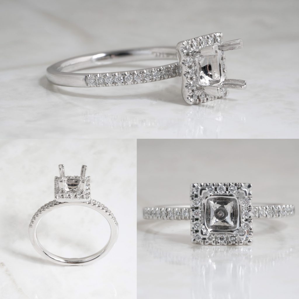 Group of three images of a white gold semi-mount with a diamond halo and diamonds in the band.