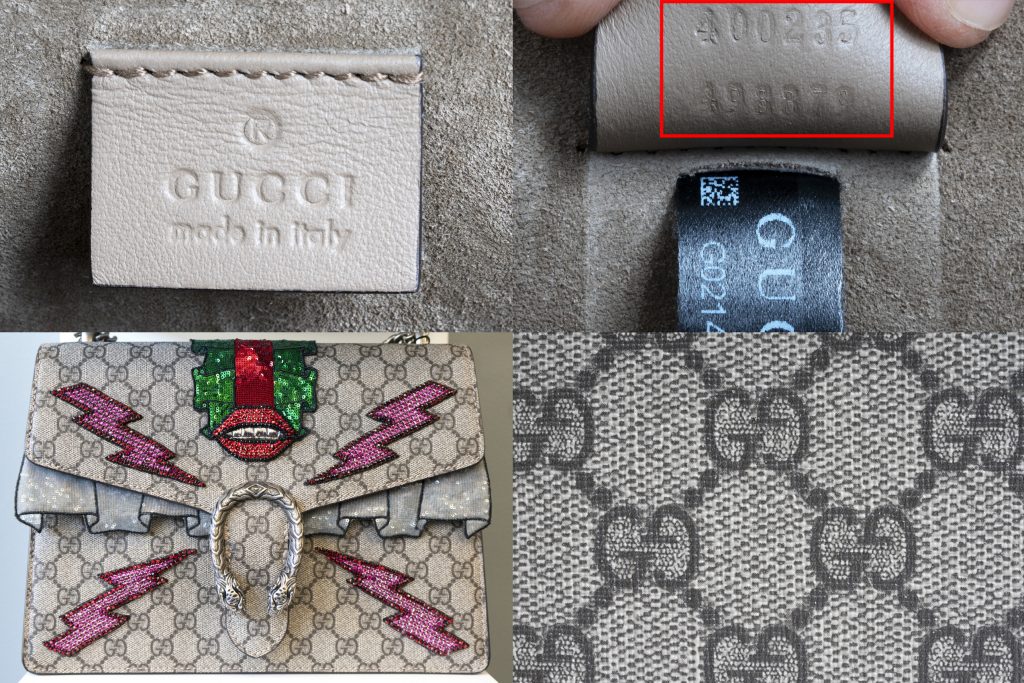 Four close-up images of a vintage Gucci wallet.