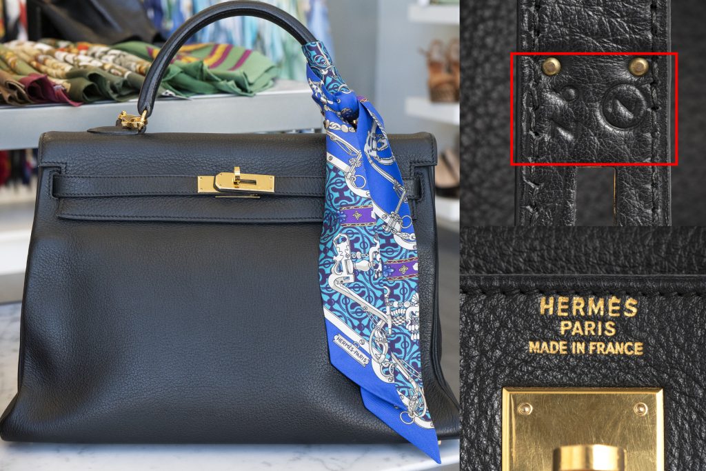 Three close-up images of a vintage Hermès Kelly bag.