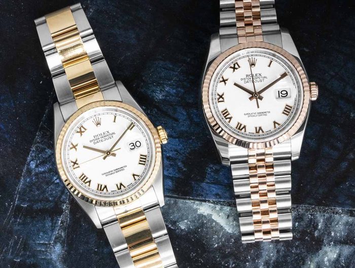 Two pre-owned men’s Rolex Datejust watches in stainless steel, yellow gold, and rose gold, one with an Oyster bracelet and one with a Jubilee bracelet.