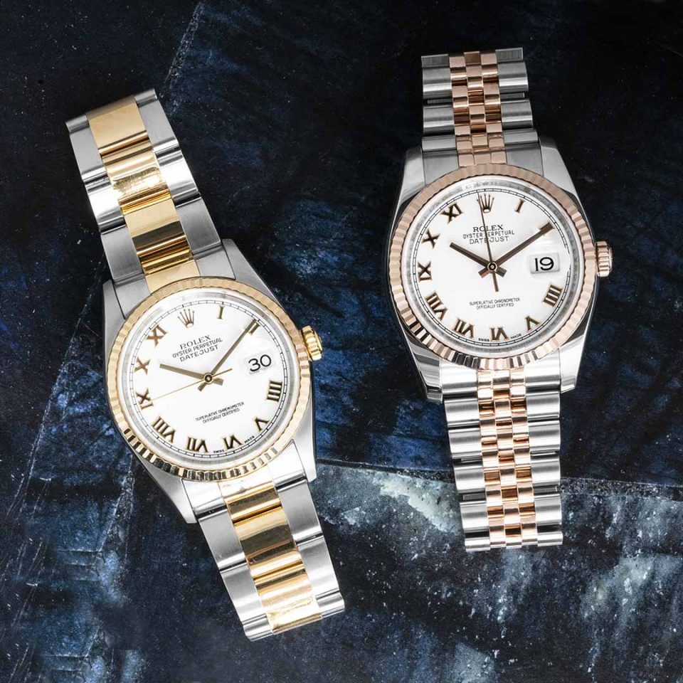 Two pre-owned men’s Rolex Datejust watches in stainless steel, yellow gold, and rose gold, one with an Oyster bracelet and one with a Jubilee bracelet.