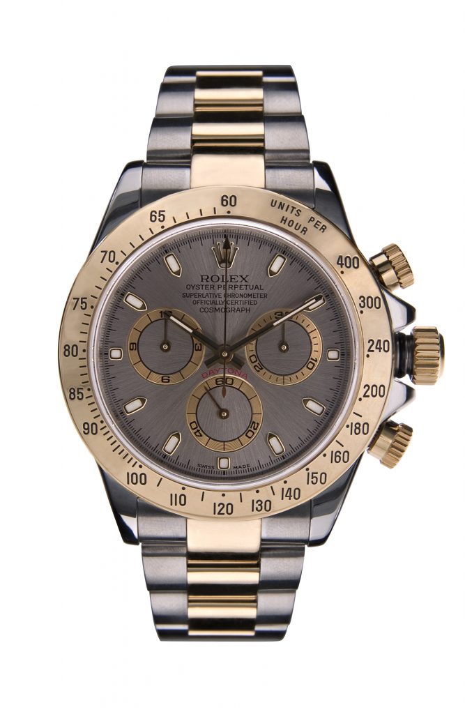 Pre-owned men’s Rolex Daytona in stainless steel and yellow gold with an Oyster
bracelet.