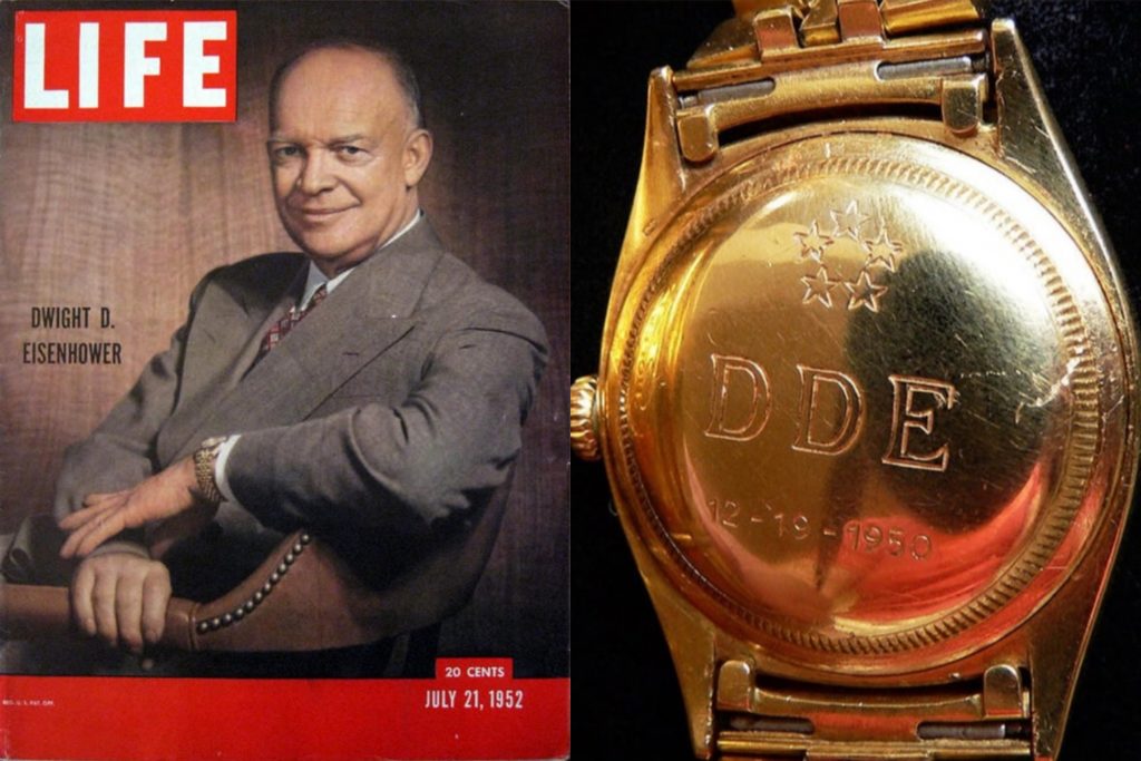 Life Magazine cover with Dwight D. Eisenhower wearing a luxury watch, and the case
back of that watch shown with his initials engraved.