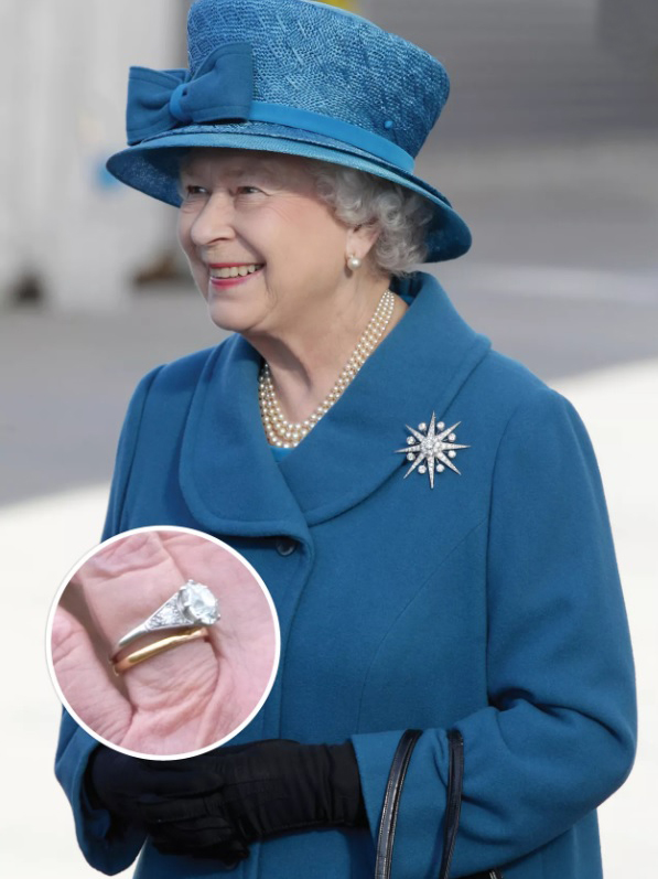 Queen Elizabeth’s diamond engagement ring and yellow gold wedding band.