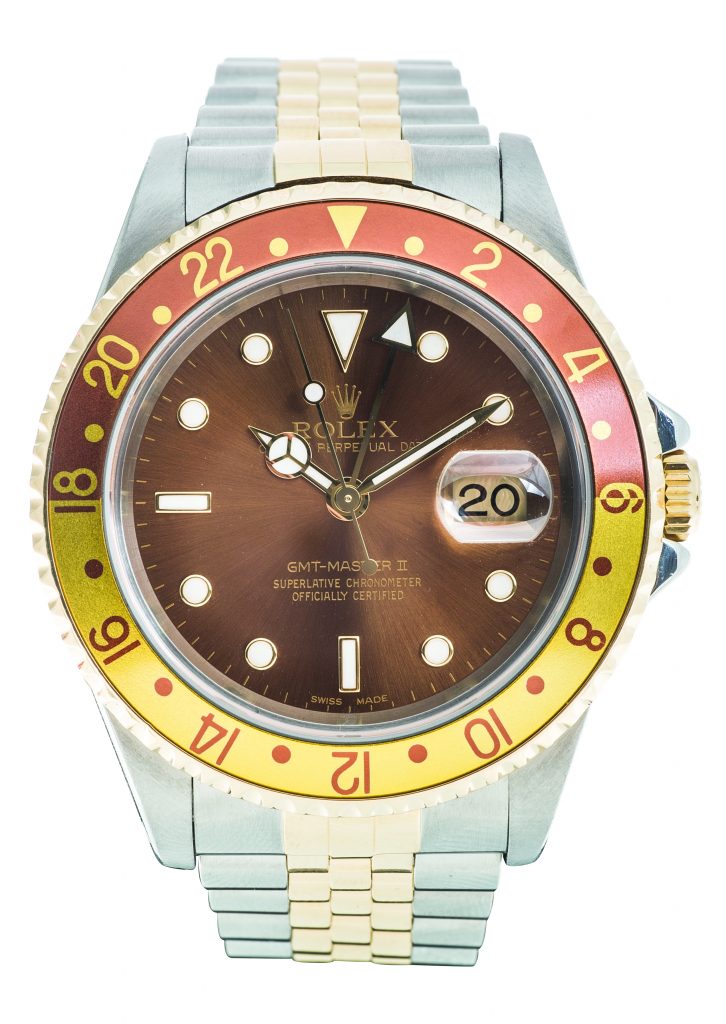 Pre-owned men’s Rolex GMT-Master II in stainless steel with a orange and yellow bezel and orange dial.