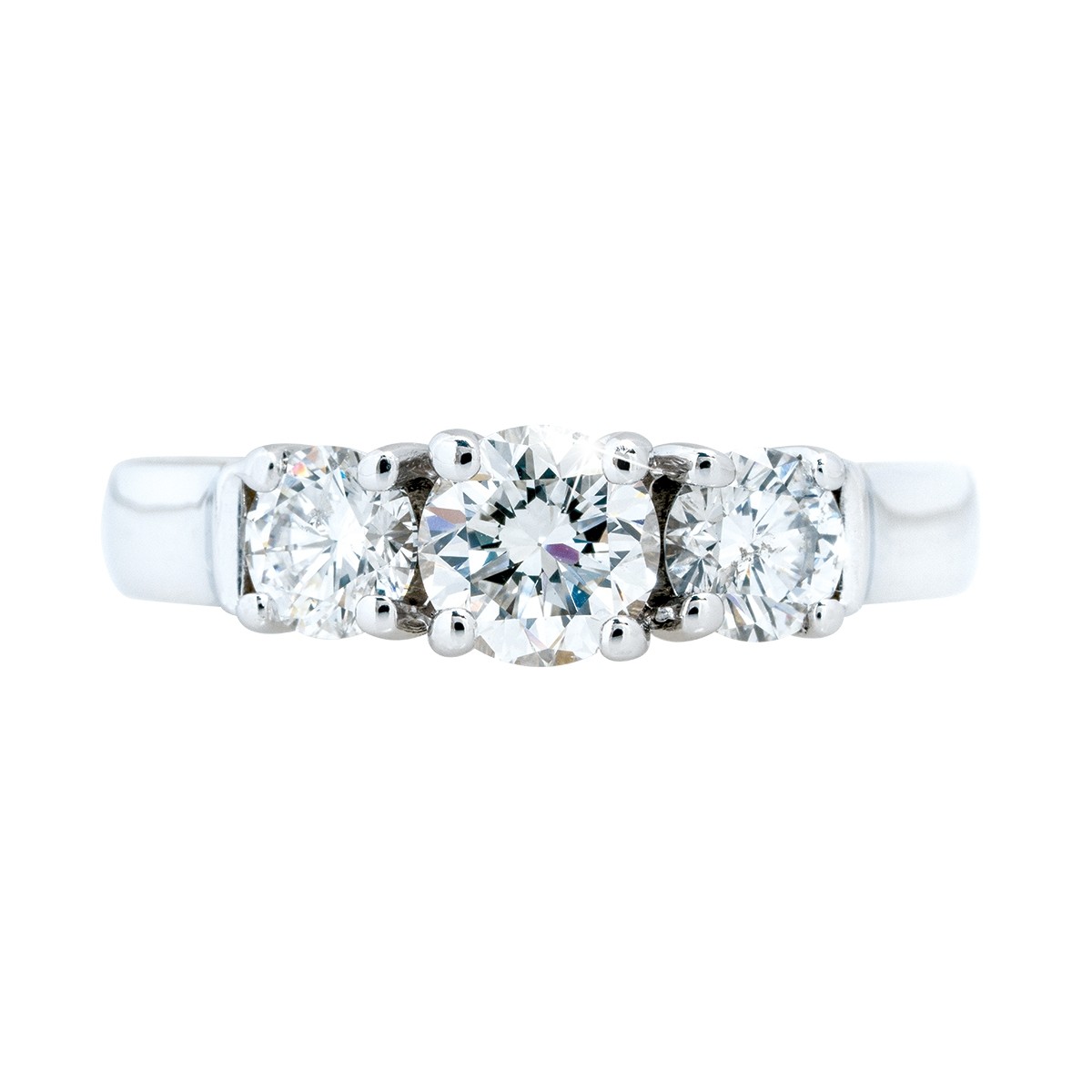 White gold three-stone diamond engagement ring.