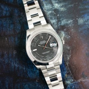 Pre-owned men’s Rolex Datejust in stainless steel with a gray dial.