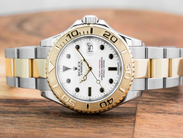 Pre-owned men’s Rolex Yacht-Master in stainless steel and yellow gold with a white dial.