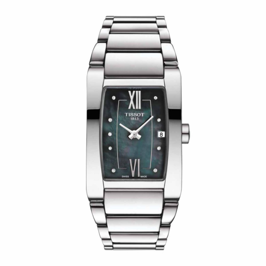 New women’s Tissot Generosi-T in stainless steel with a black mother-of-pearl dial.