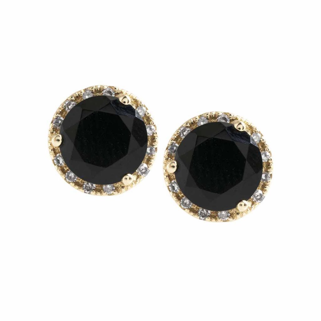 Vintage yellow gold Madison L black onyx and diamond halo stud earrings.