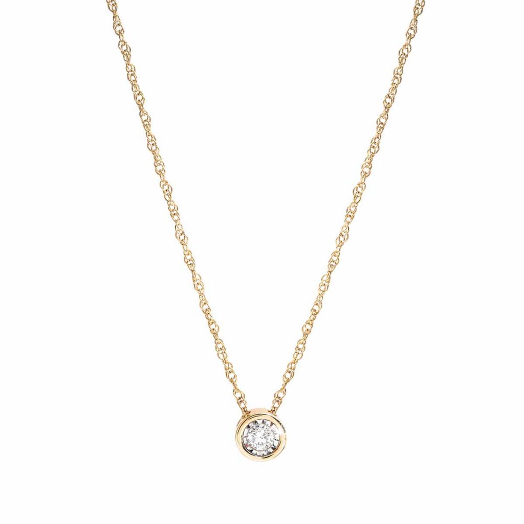Yellow gold diamond pendant necklace.