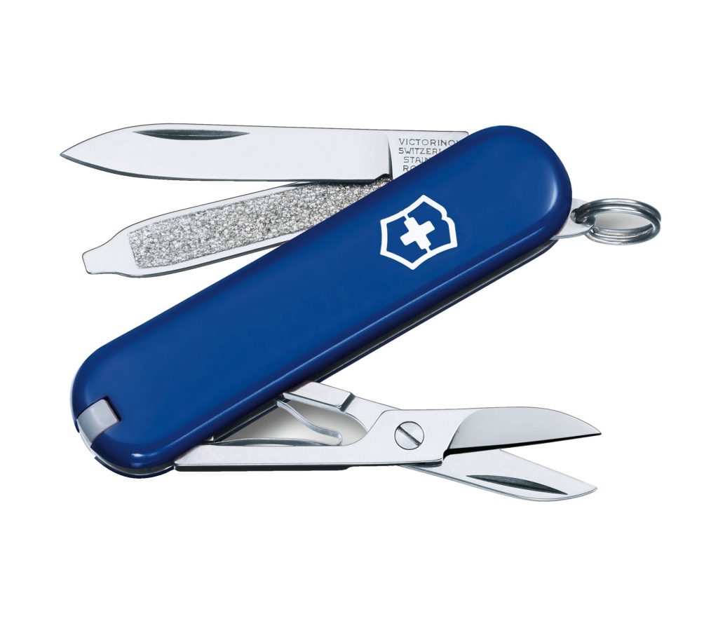 Victorinox Swiss Army seven-function pocketknife in blue.