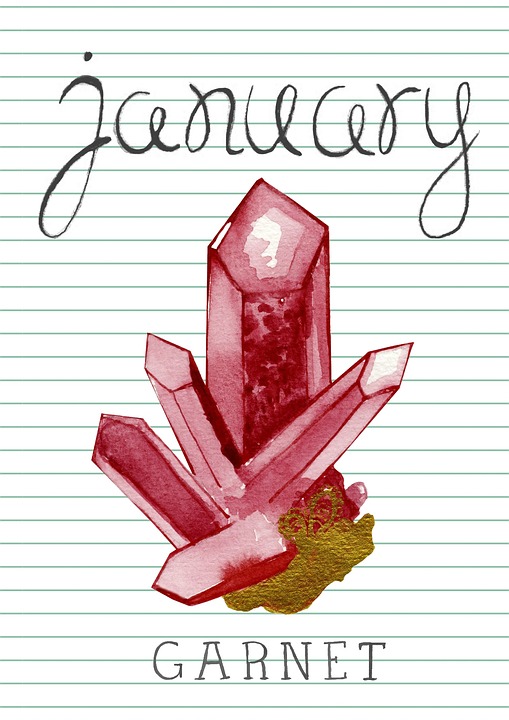 Drawing of garnet crystals with text, “January – Garnet”.