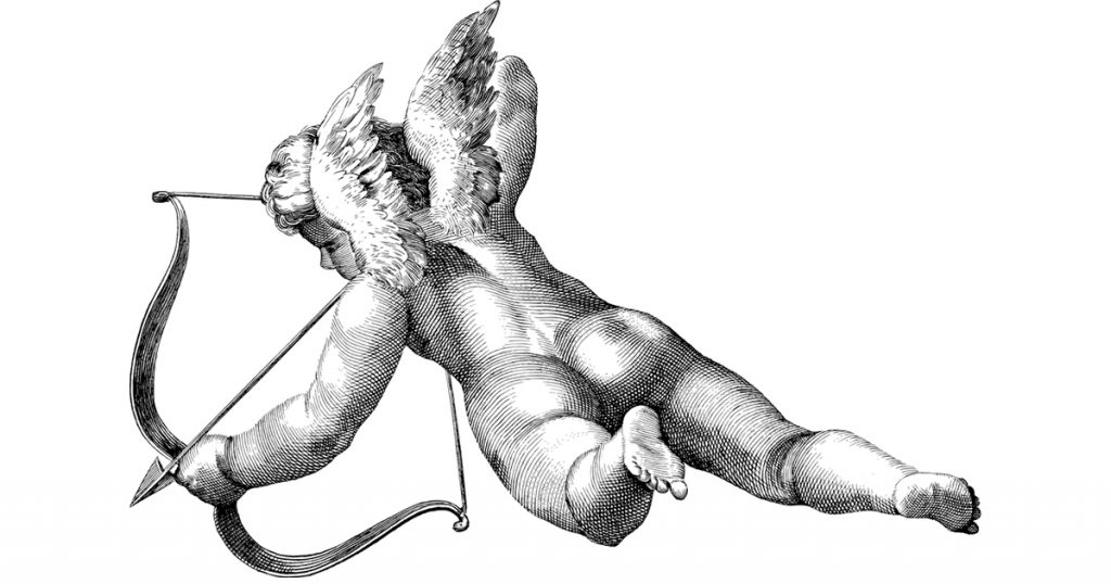 Black and white drawing of cupid with bow and arrow.