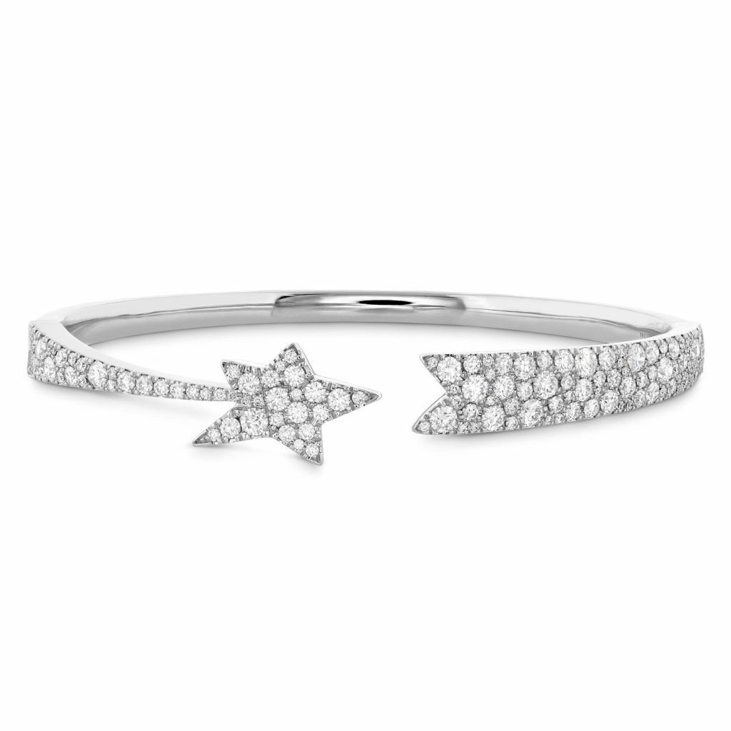 White gold shooting star diamond cuff bangle.