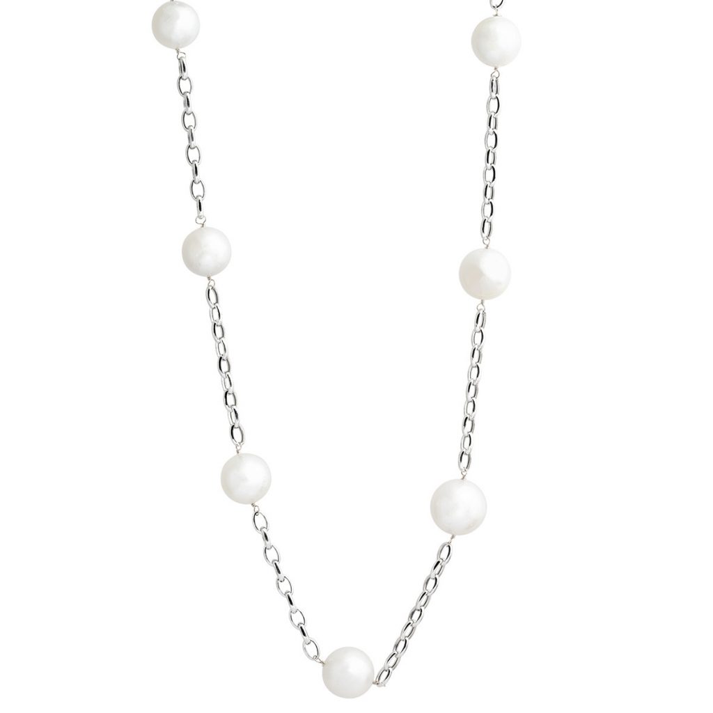 White gold station necklace set with south sea white pearls.