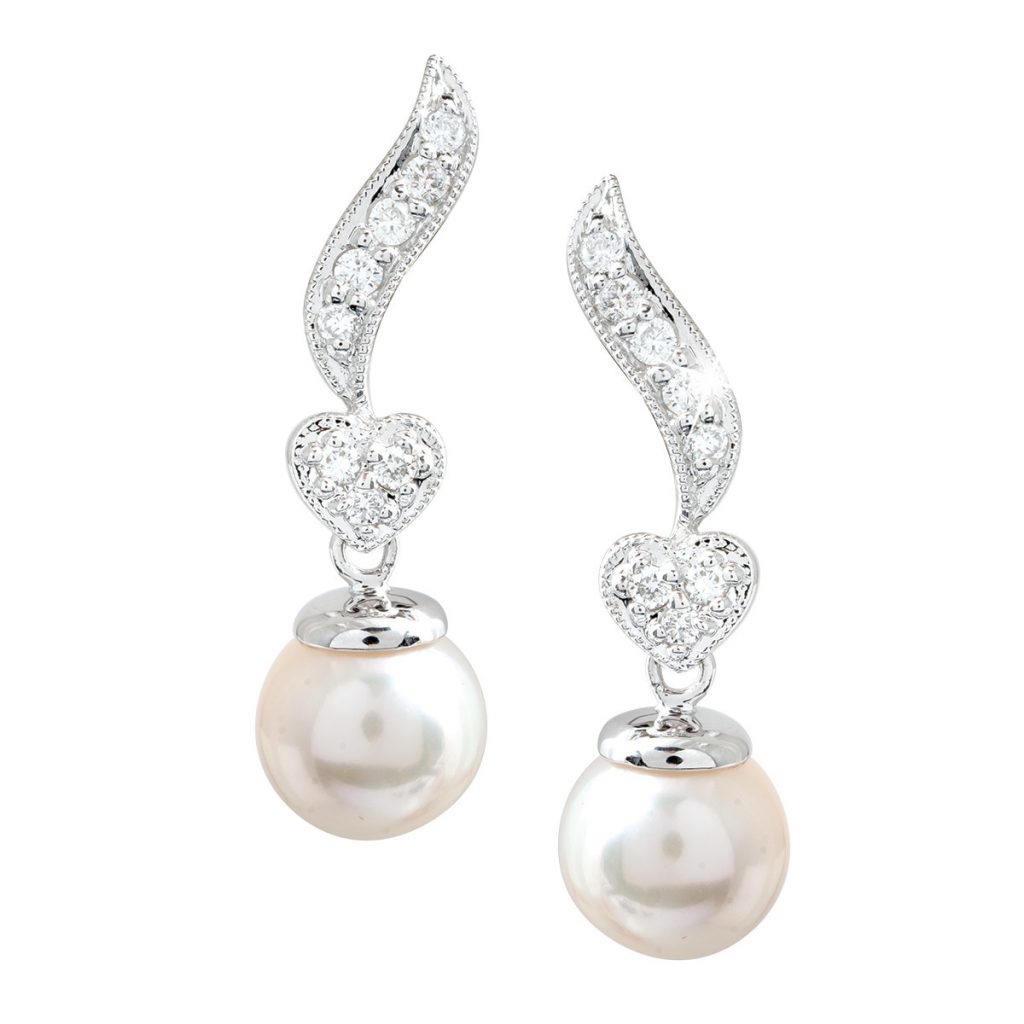 White gold heart drop earrings set with diamonds and white pearls.