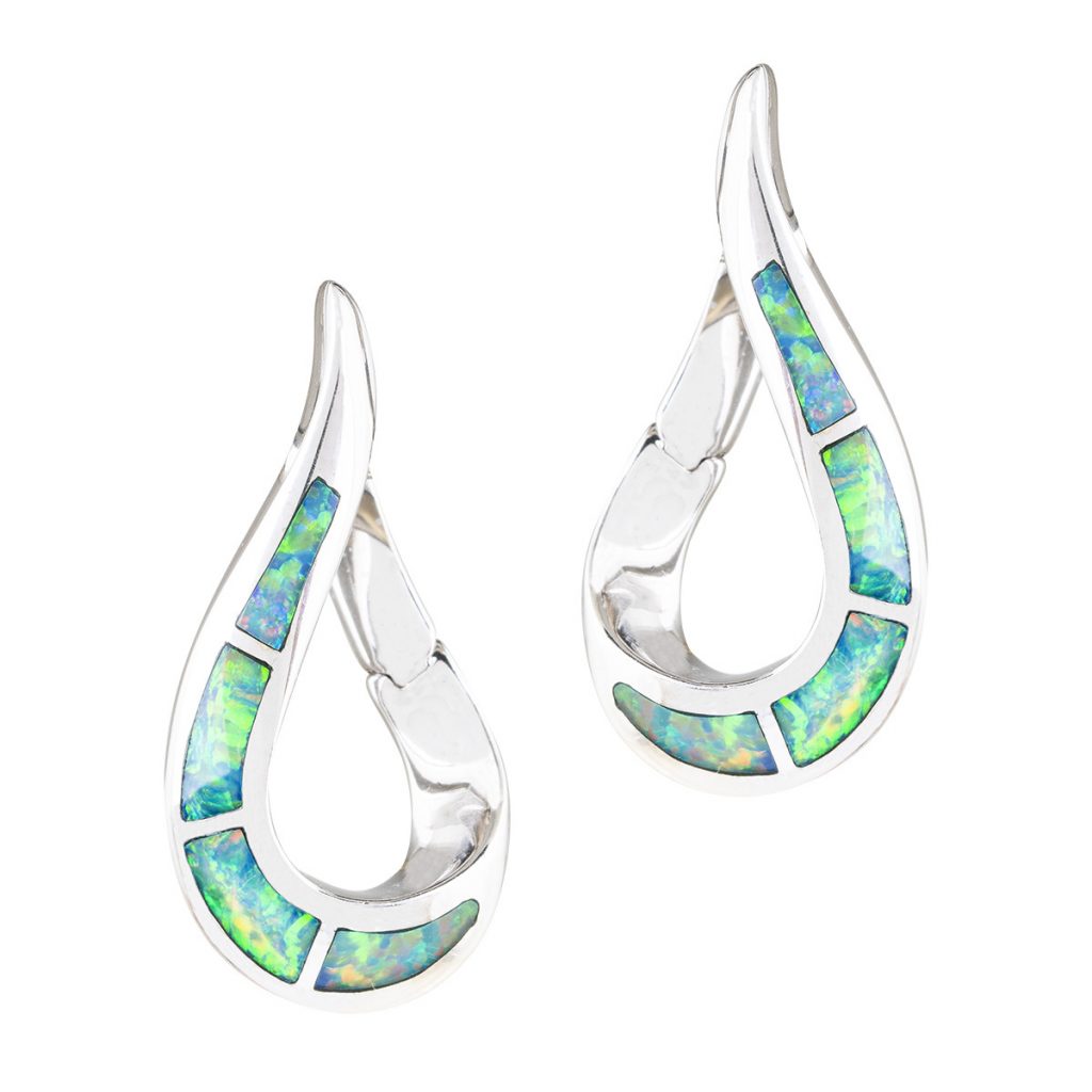 White gold opal swirl inlay hoop earrings.