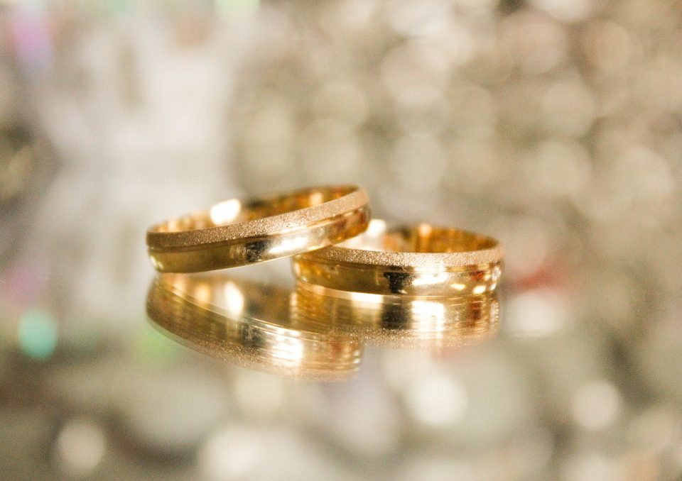 Two stacked yellow gold wedding bands.