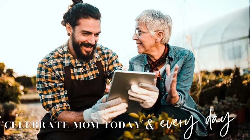 Mother and son in field with text “Celebrate Mom Today & Every Day”.