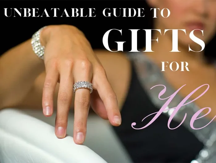 Woman’s hand with diamond bracelet and ring with text “The Unbeatable Guide to Gifts for Her”.