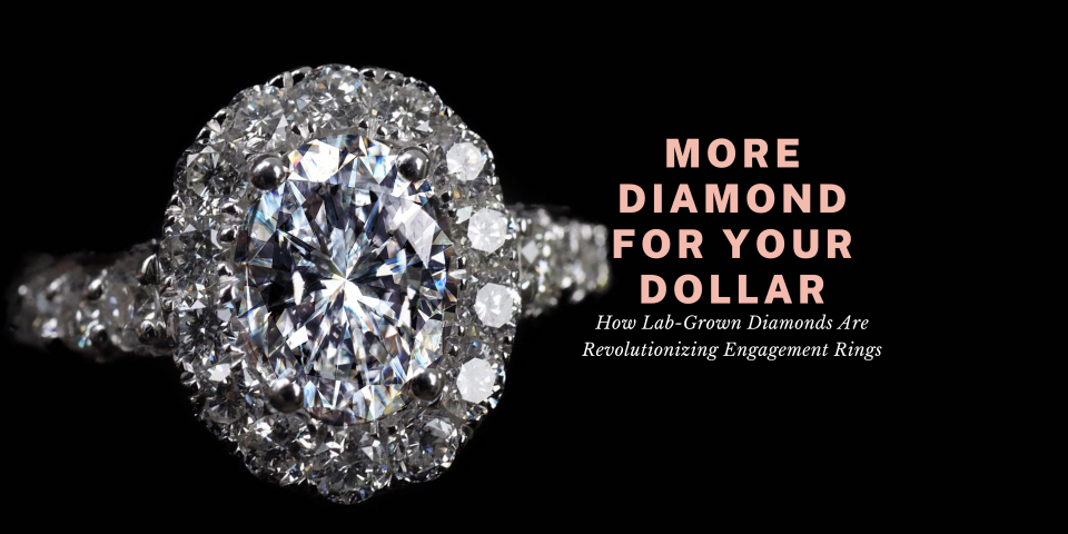 Diamond engagement ring on black background with text “More Diamond For Your Dollar. How Lab-Grown Diamonds Are Revolutionizing Engagement Rings”.