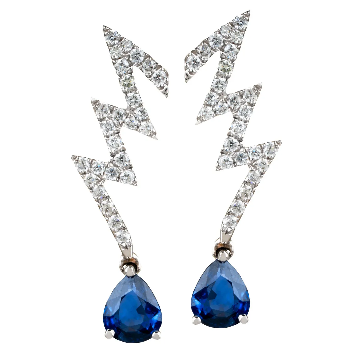 White gold lightning bolt drop earrings set with blue sapphires.