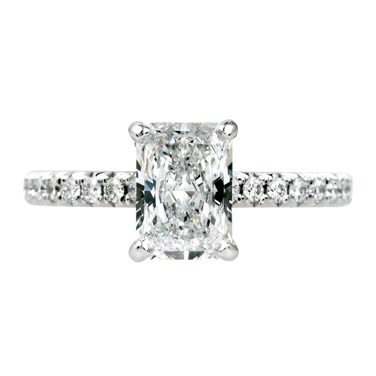 White gold diamond engagement ring with diamonds in the band.