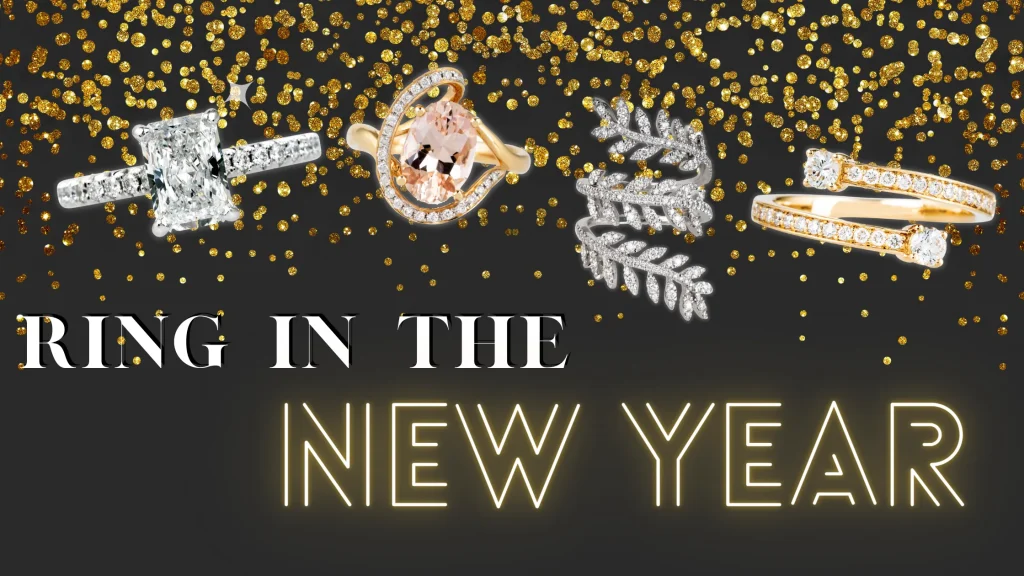 Gold and black background with four white gold and yellow gold diamond rings with text, "Ring in the New Year".