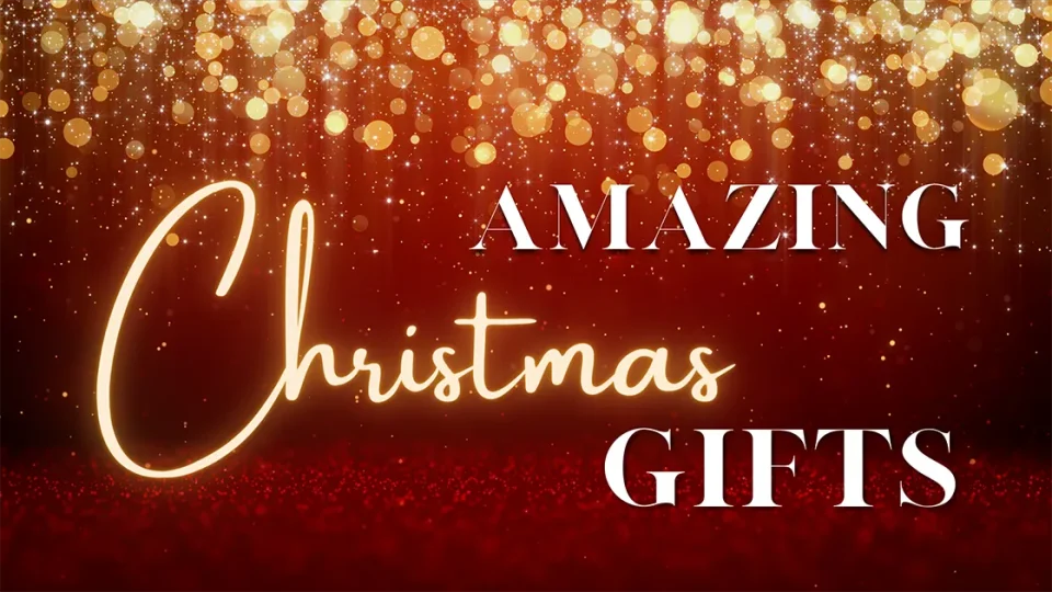 Red and gold glitter background with text “Amazing Christmas Gifts”.