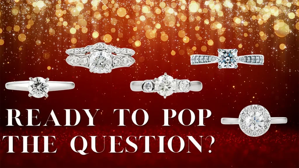 Five engagement rings on a red and gold glitter background with text “Ready to Pop the Question?”.