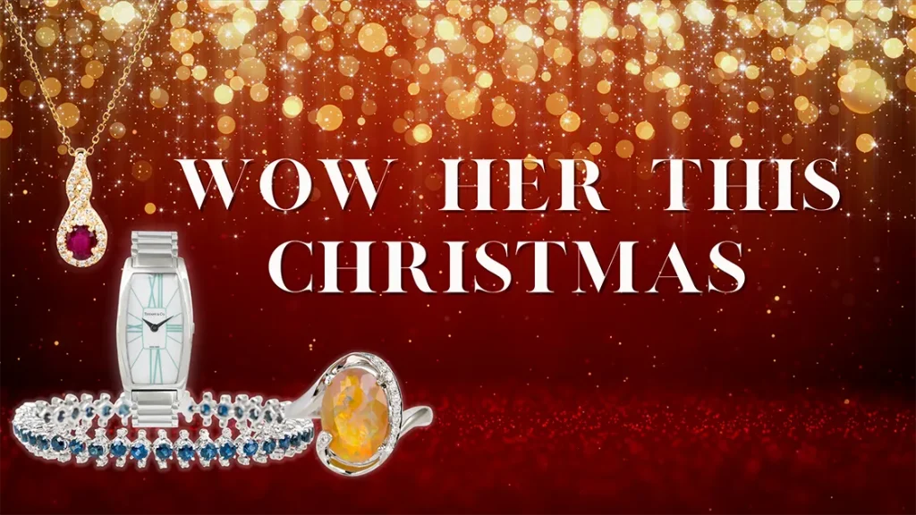Women’s accessories on a red and gold glitter background with text “Wow Her This
Christmas”.