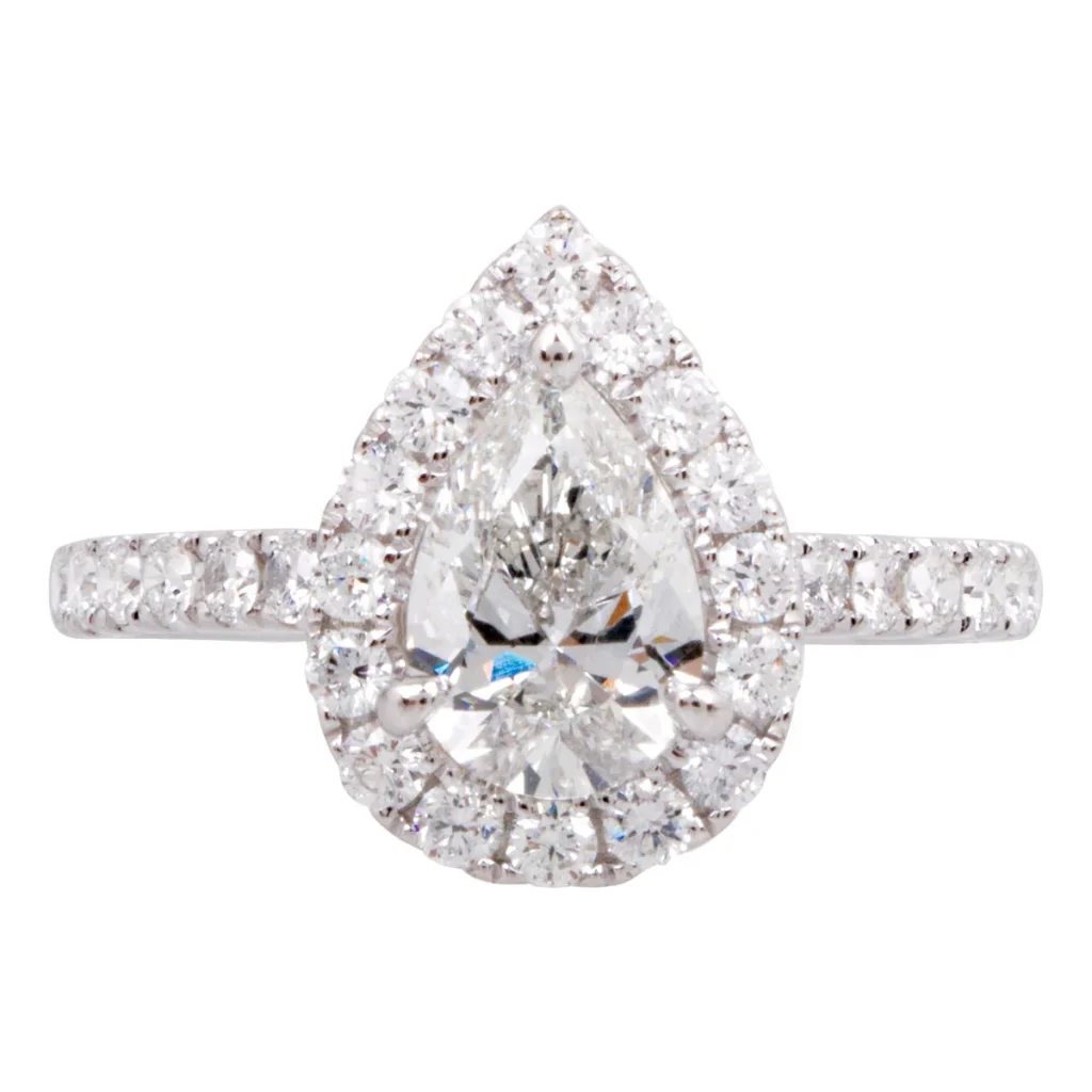 White gold lab-grown diamond engagement ring with a diamond halo and diamonds in the band.