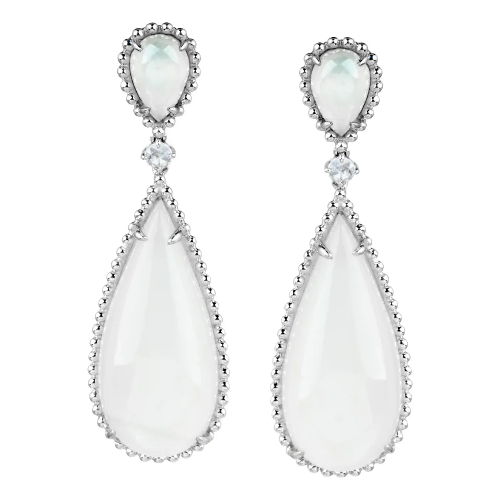 White gold moonstone and diamond drop earrings.