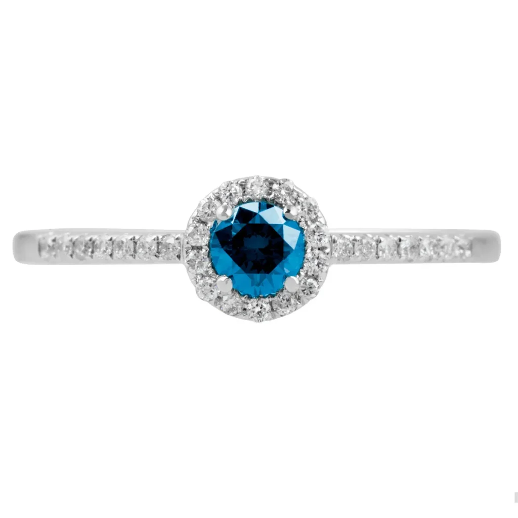 White gold engagement ring centered with a blue diamond and a white diamond halo with white diamonds in the band.