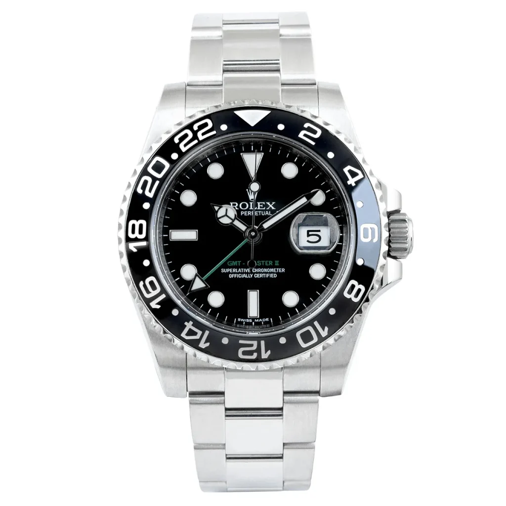 Pre-owned men’s 40mm Rolex GMT-Master II in stainless steel with a sapphire crystal and automatic movement.