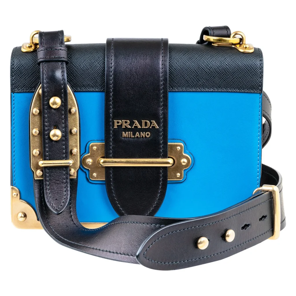 Vintage blue and black leather Prada Pattina in Pelle City handbag.
